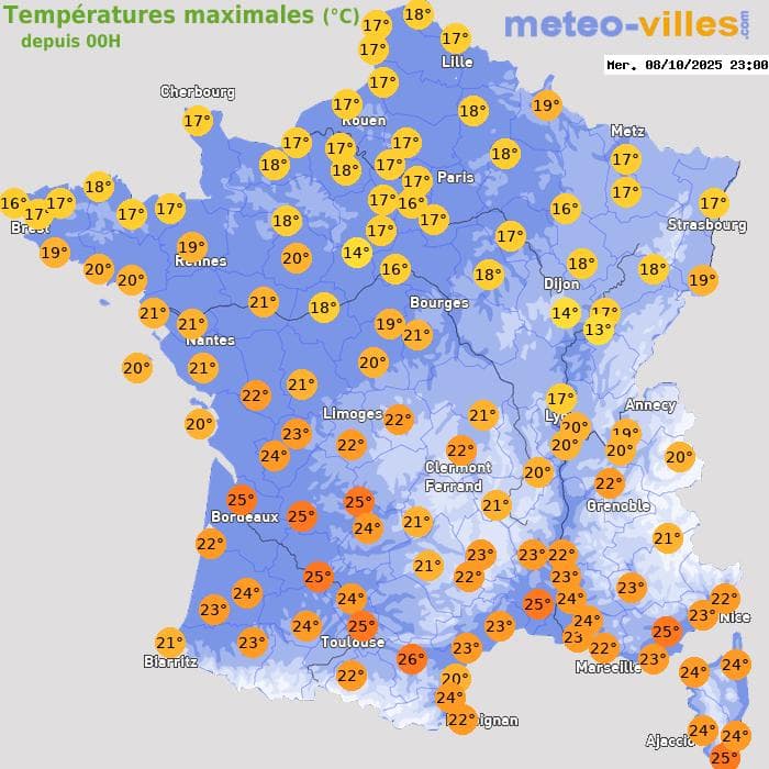 Températures maximales (°C) depuis 00h